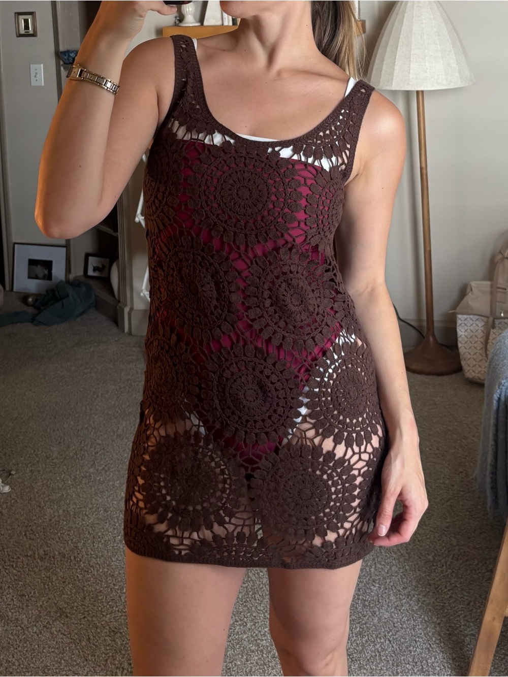 Abercrombie & Fitch Brown Crochet Swim Coverup with Burgundy Lining